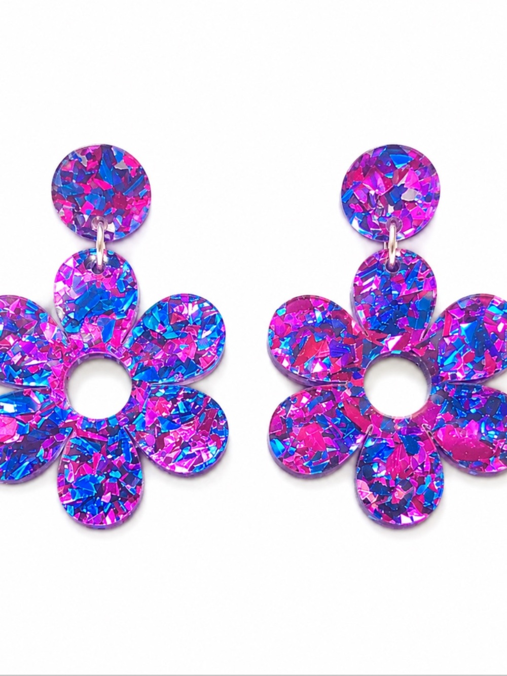 Handmade Holographic Pink & Blue Flower Dangle Earrings